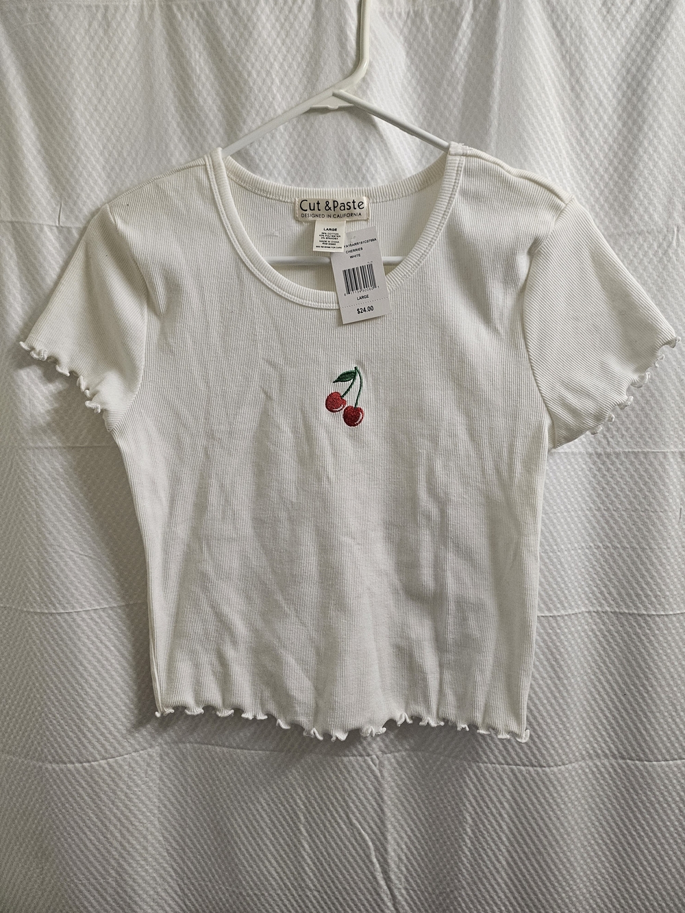 Cut & Paste White Ribbed Short Sleeve Tee with Cherry Embroidery